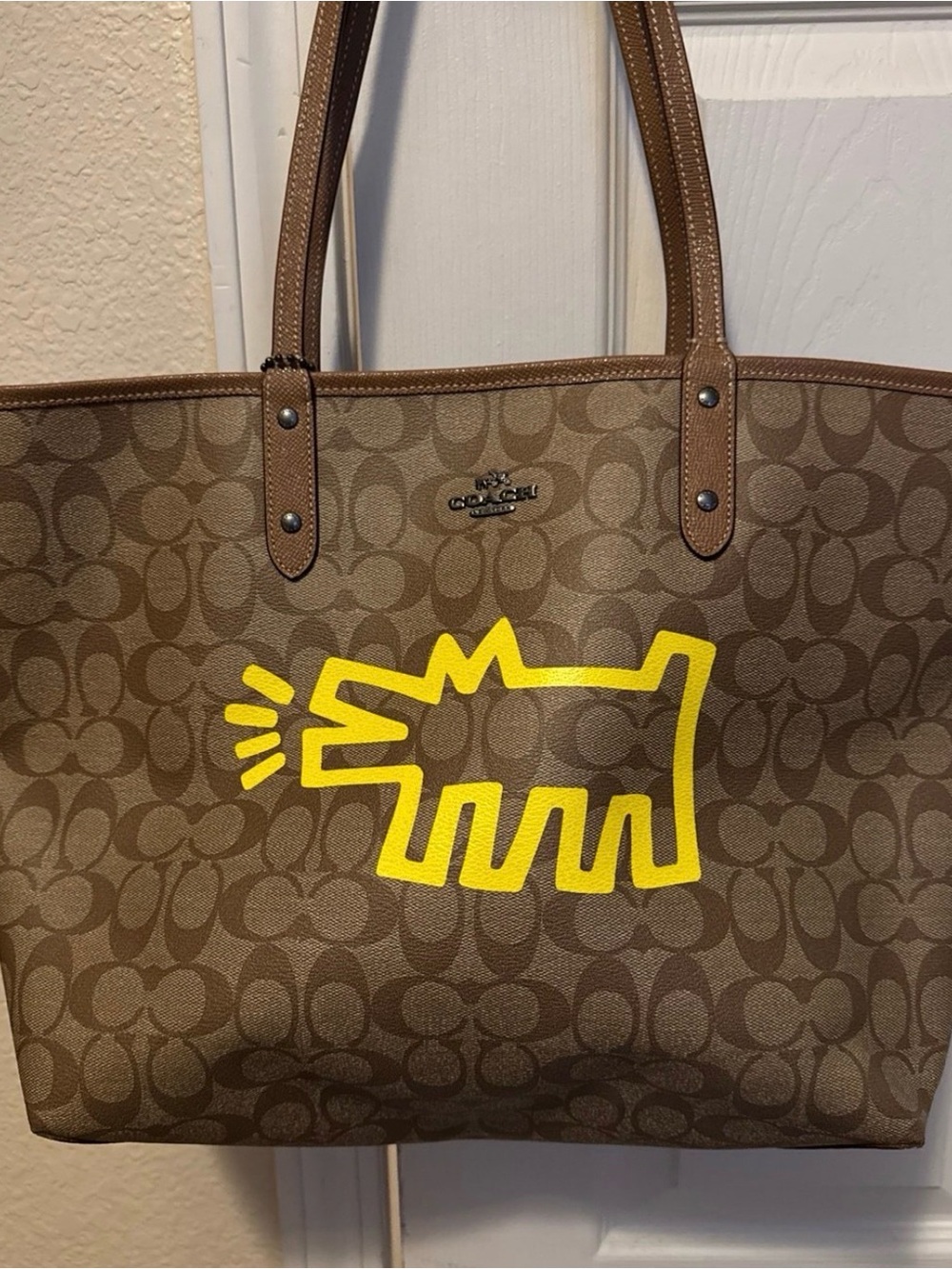 Coach Brown Signature Tote with Yellow Graphic Keith Haring Dog 🐕